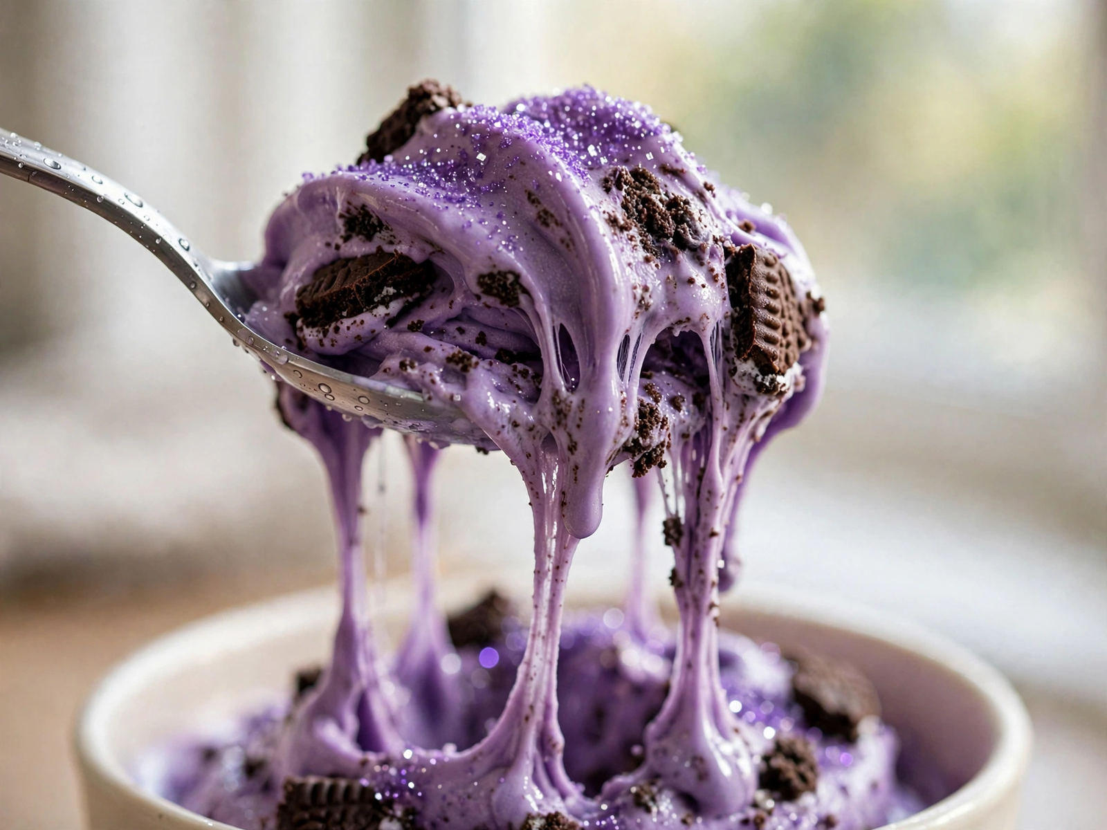 Close-up of the Enchanted OREO Blizzard showing the purple ube base and OREO cookie pieces
