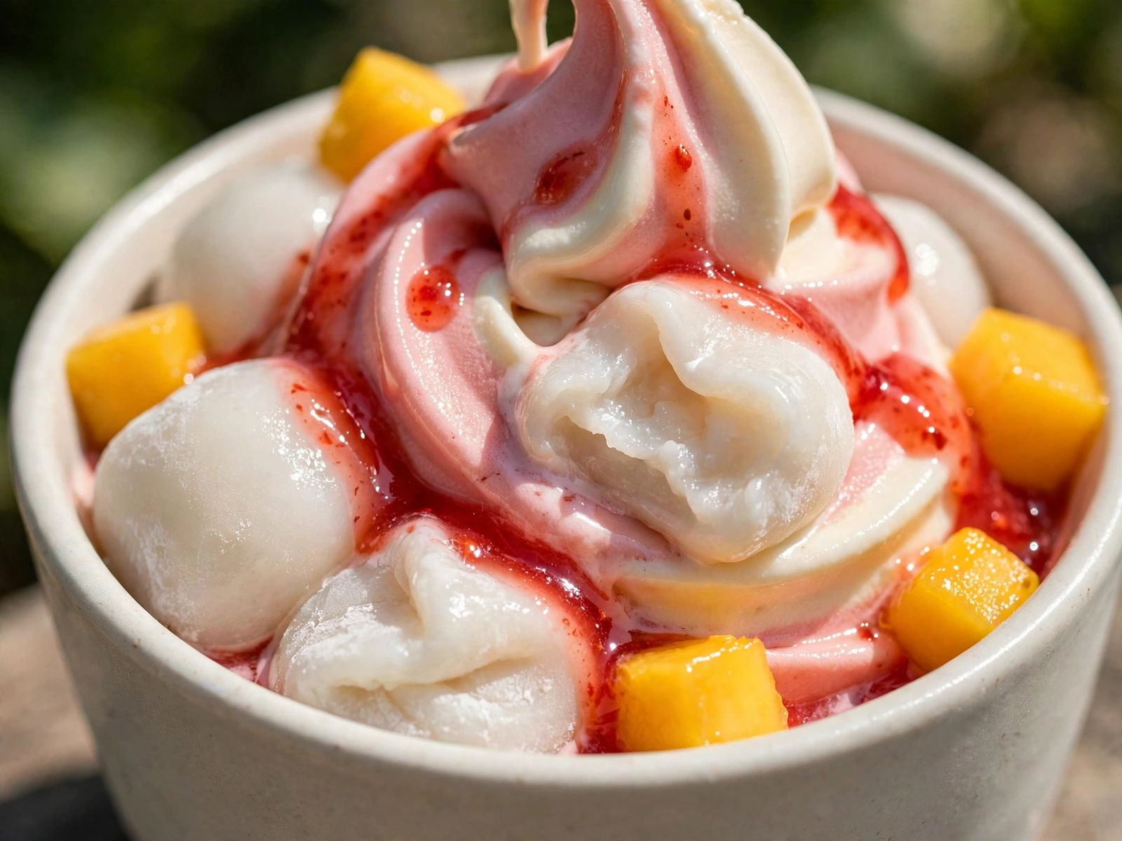 Close-up of the Dairy Queen Strawberry Mango Mochi Blizzard with chewy mango mochi pieces and strawberry topping in vanilla soft serve