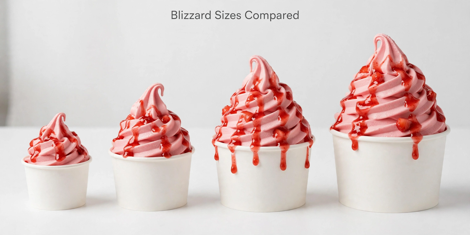 Dairy Queen Blizzard sizes compared: Mini, Small, Medium and Large cups, Canada