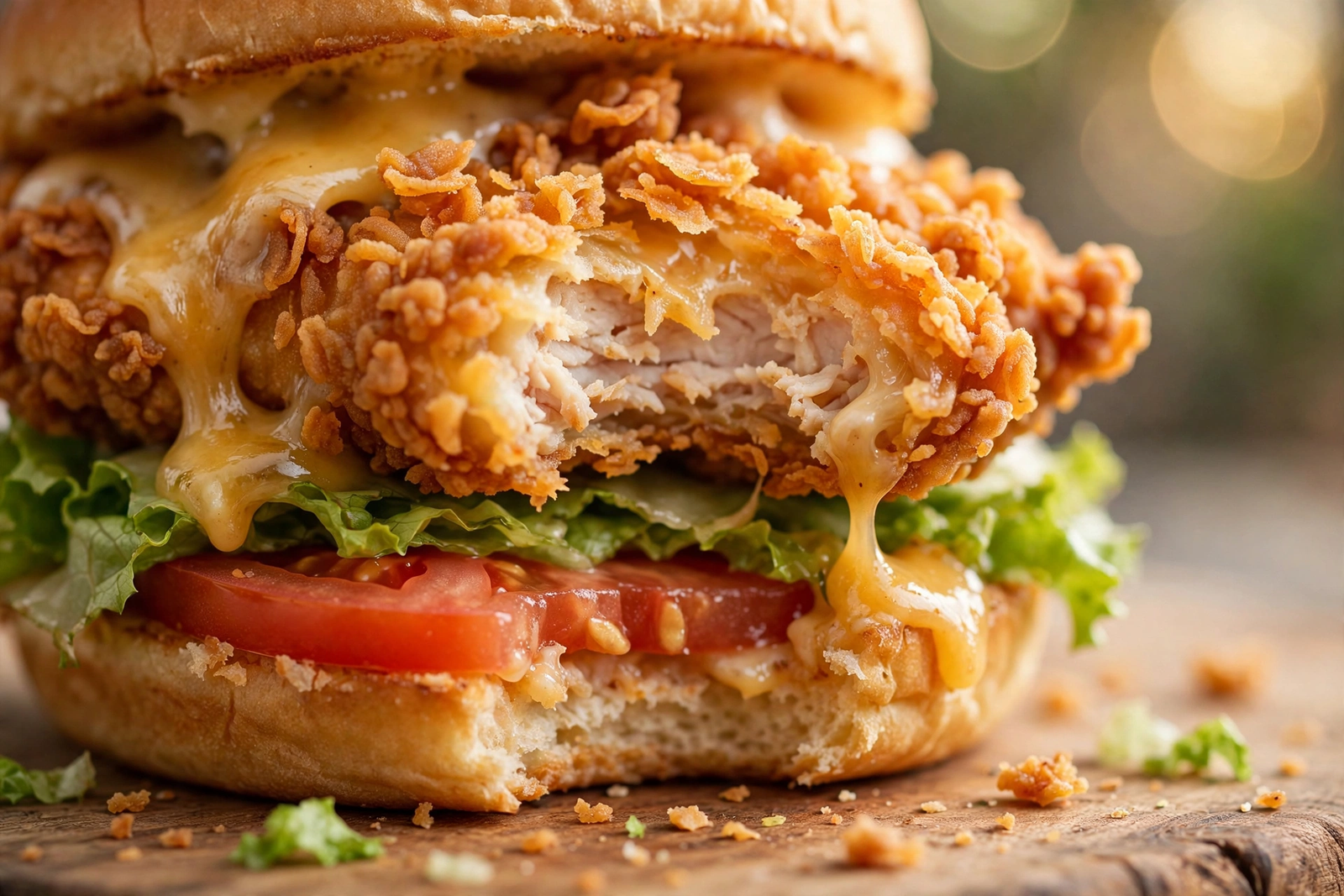Close-up of the Dairy Queen Spicy Crispy Chicken Sandwich with FlameThrower sauce, lettuce and tomato on a toasted bun